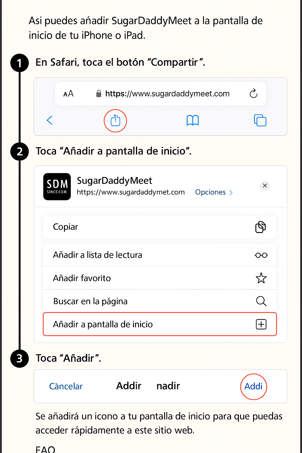 Guía en imágenes para añadir SugarDaddyMeet a la pantalla de inicio en iOS